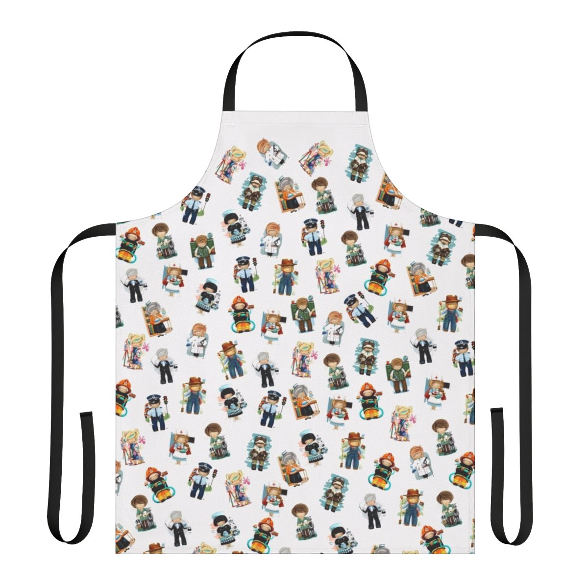 A colorful apron featuring a variety of occupations and vocations, great for kids.