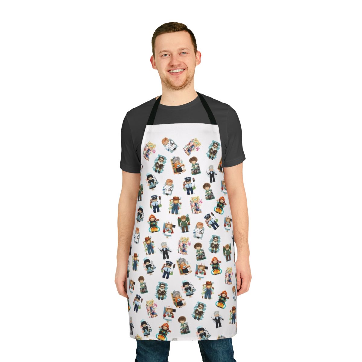 A colorful apron featuring a variety of occupations and vocations, great for kids.