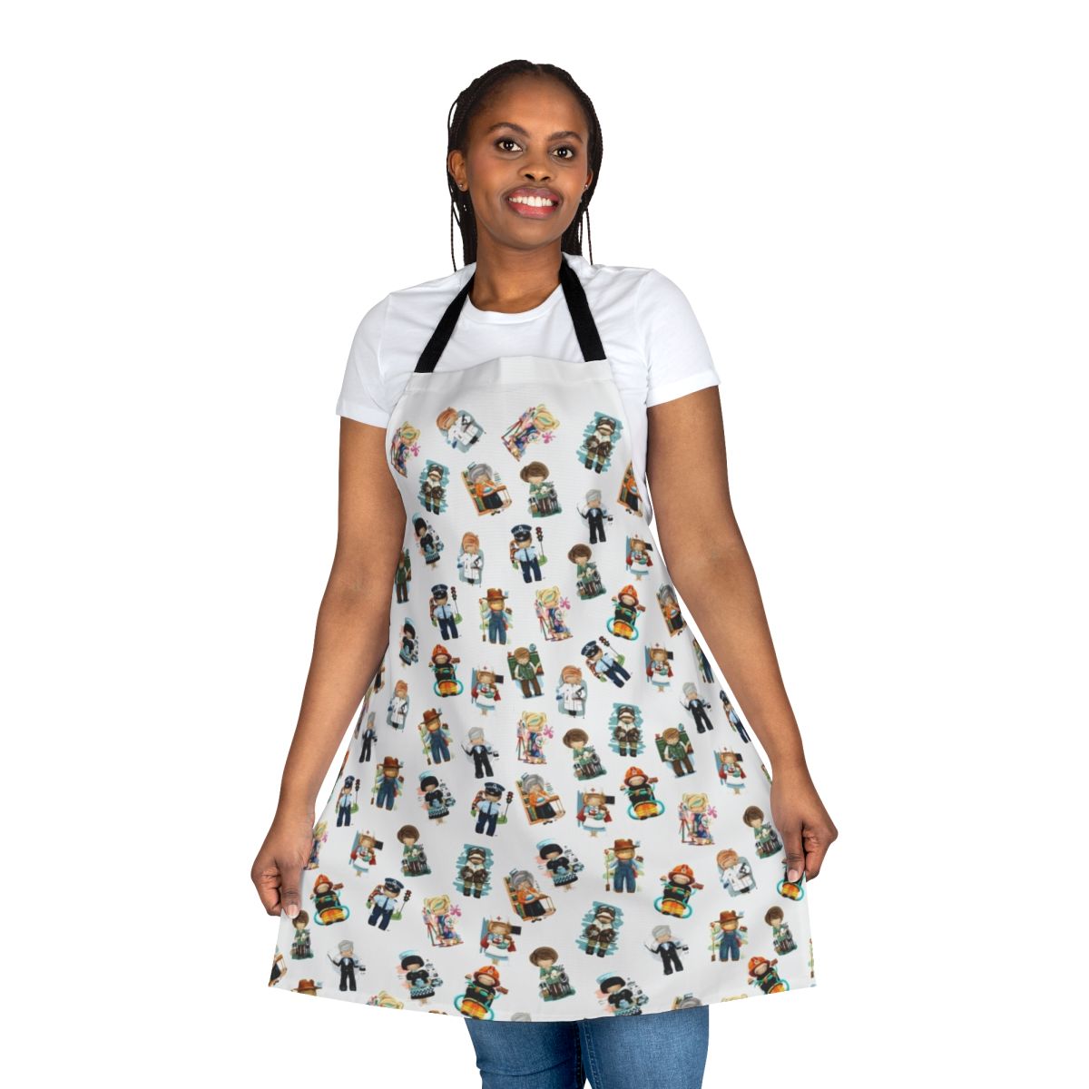A colorful apron featuring a variety of occupations and vocations, great for kids.