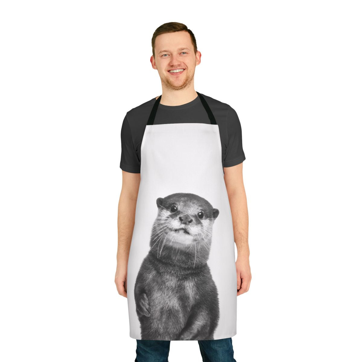 Adorable black and white otter illustration printed on a stylish children's apron