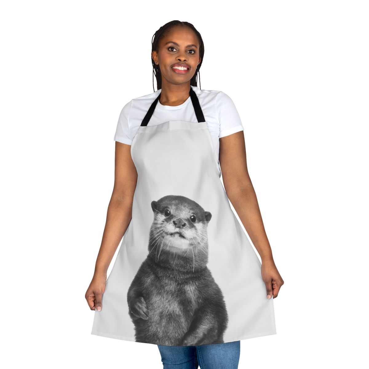 Adorable black and white otter illustration printed on a stylish children's apron