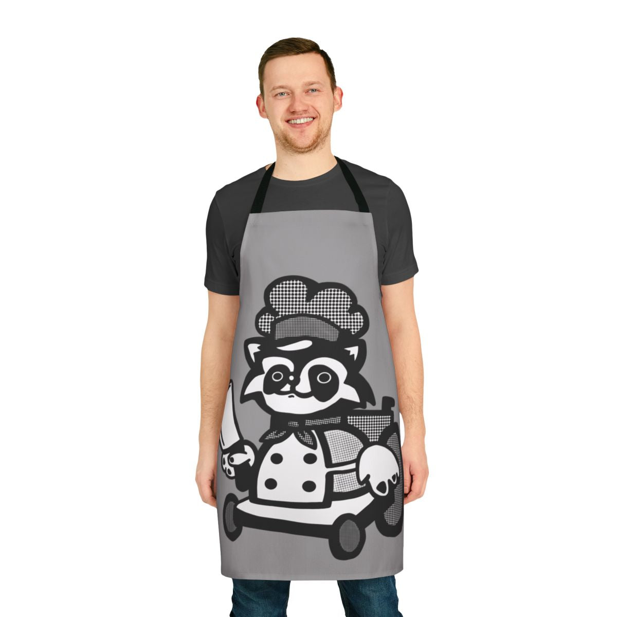 Overcooked raccoon graphic printed on a durable apron