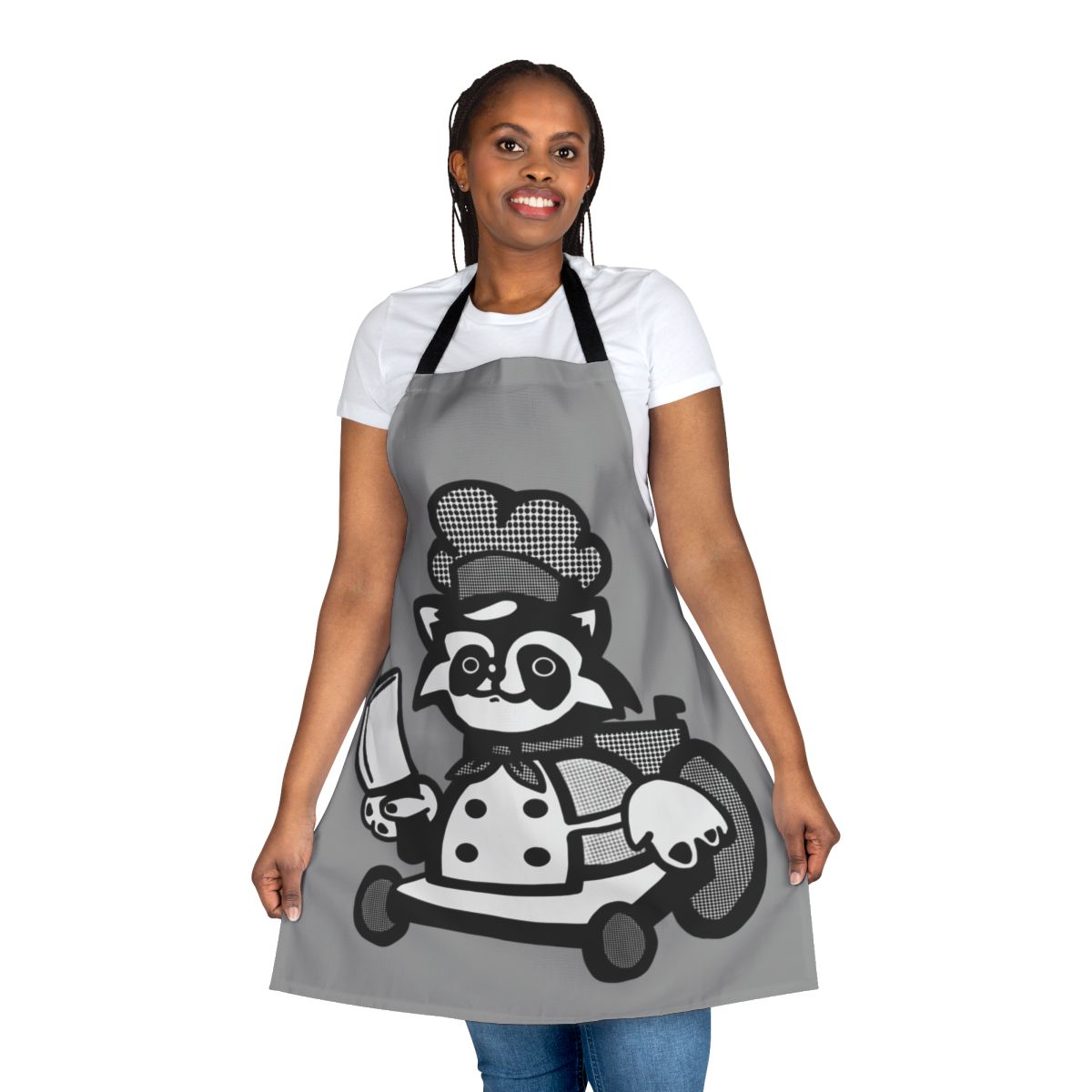 Overcooked raccoon graphic printed on a durable apron