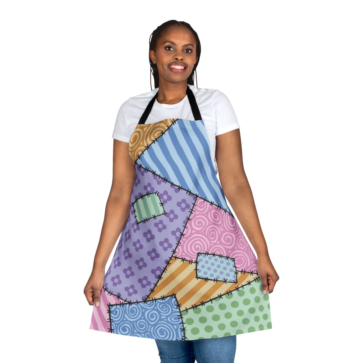Colorful patchwork apron with star and floral patterns