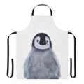 Cute penguin wearing an apron, standing in a snowy arctic landscape
