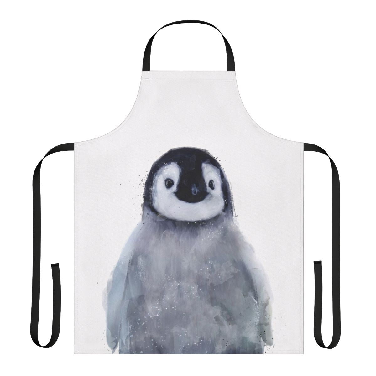 Cute penguin wearing an apron, standing in a snowy arctic landscape