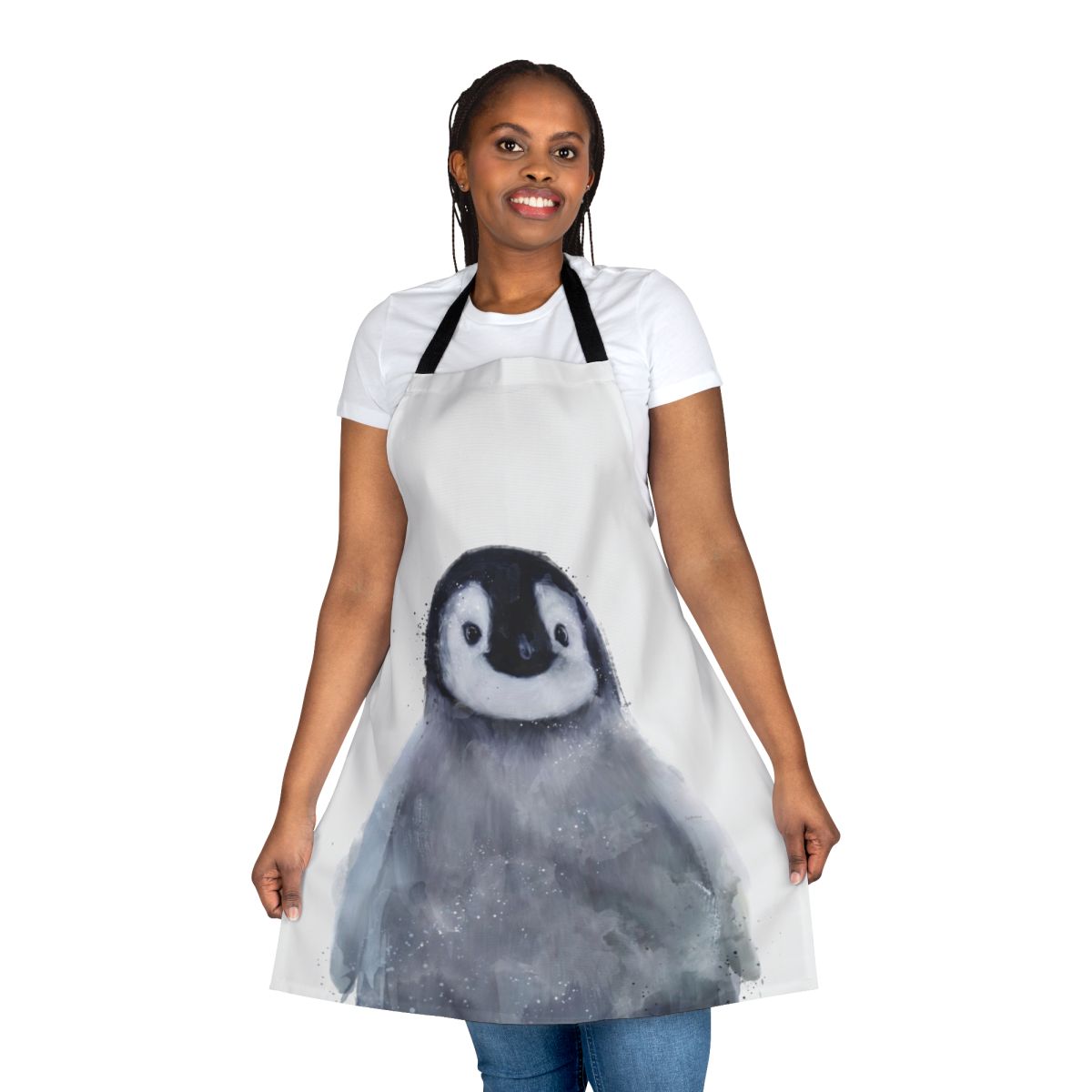 Cute penguin wearing an apron, standing in a snowy arctic landscape
