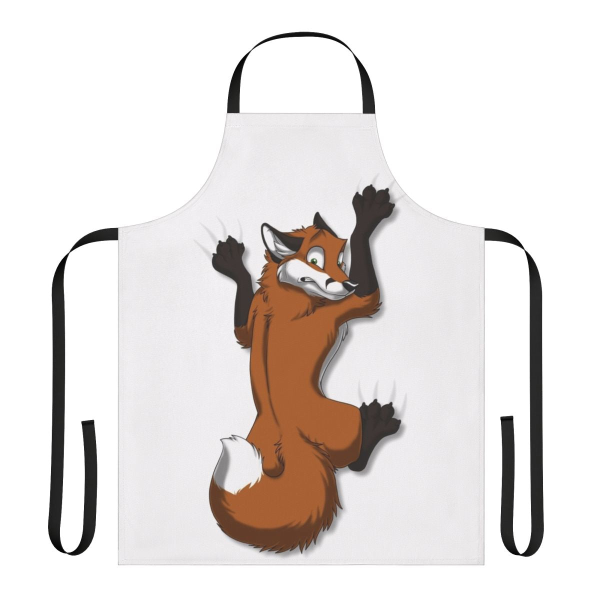 Vibrant red fox illustration clinging to a white apron with the text "Charming Red Fox Clinging Apron for Kitchen and Cooking"