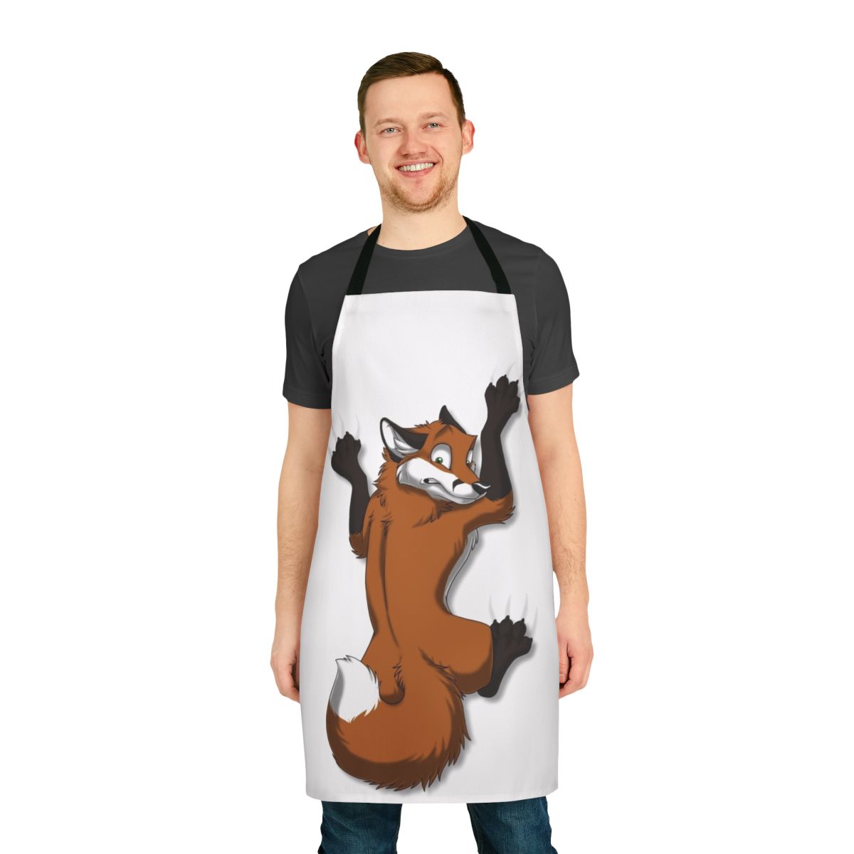 Vibrant red fox illustration clinging to a white apron with the text "Charming Red Fox Clinging Apron for Kitchen and Cooking"