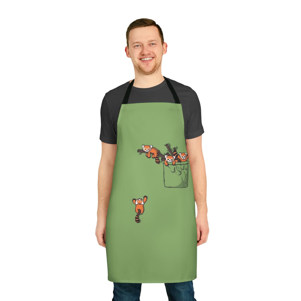 Vibrant red panda graphic printed on a cotton apron for kids