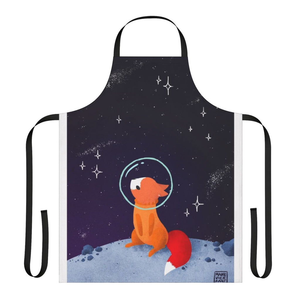 Whimsical apron featuring a cute space fox illustration against a starry galaxy backdrop