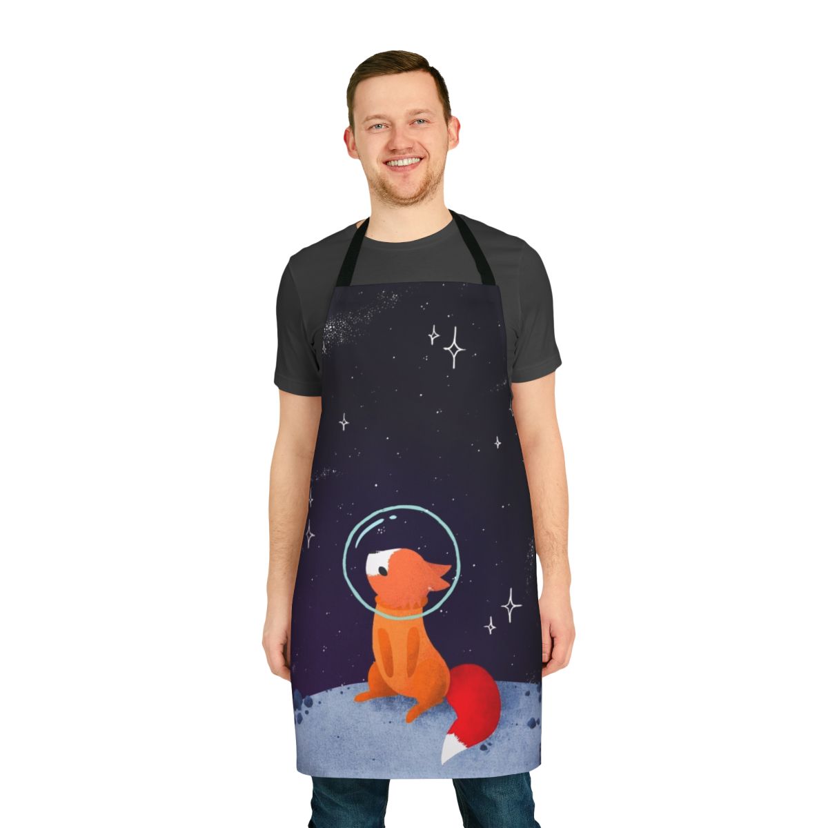 Whimsical apron featuring a cute space fox illustration against a starry galaxy backdrop