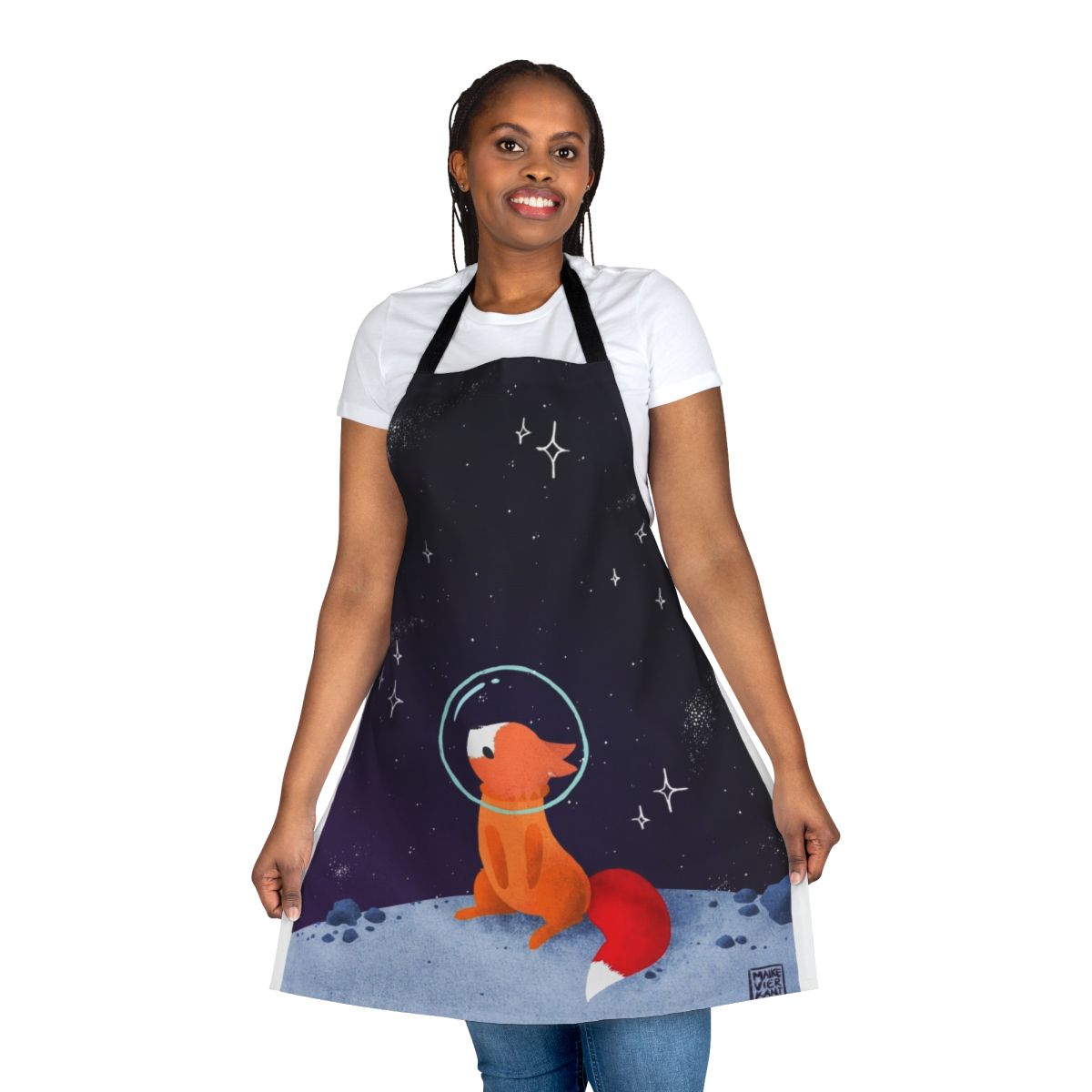 Whimsical apron featuring a cute space fox illustration against a starry galaxy backdrop