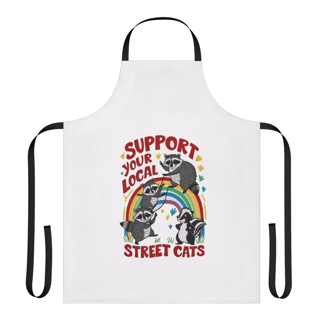 A retro-style apron featuring a colorful design with street cats and kittens