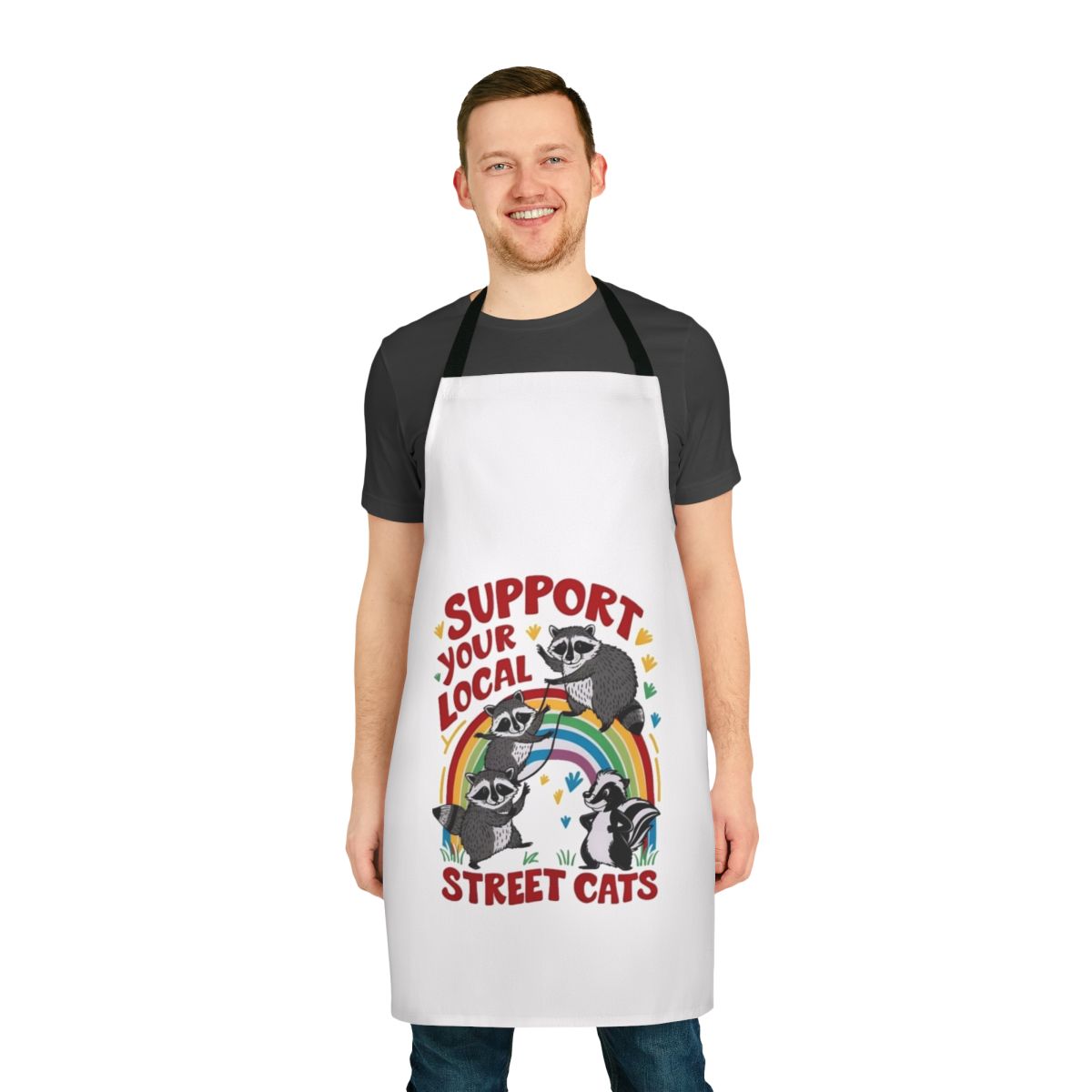 A retro-style apron featuring a colorful design with street cats and kittens