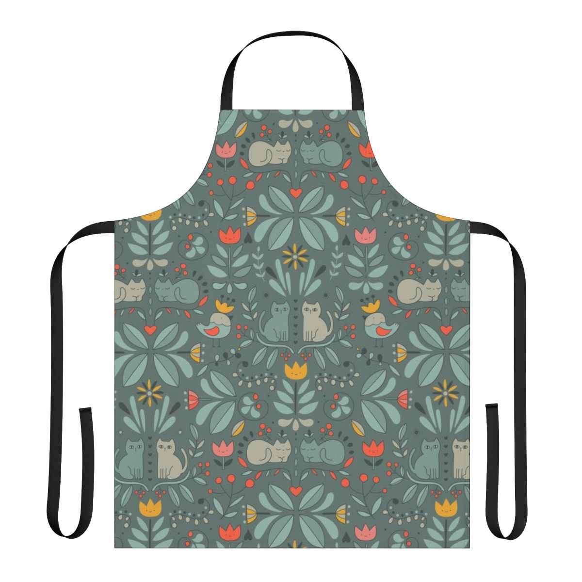 Colorful and unique Swedish folk-style apron featuring adorable cartoon cats, flowers, and other Scandinavian design elements.
