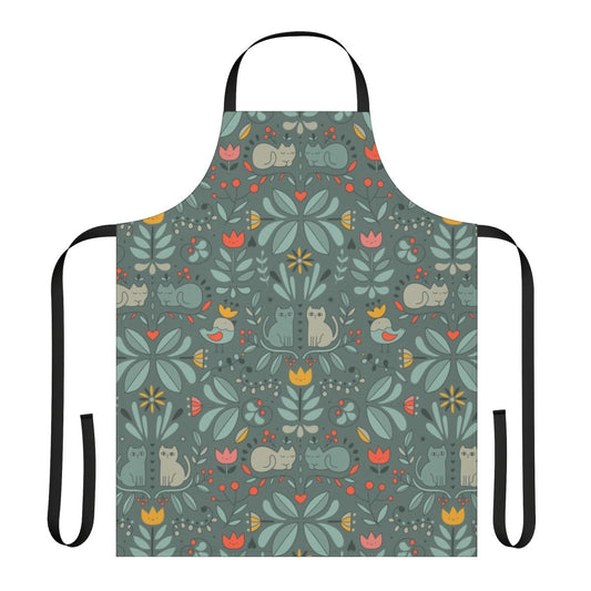 Colorful and unique Swedish folk-style apron featuring adorable cartoon cats, flowers, and other Scandinavian design elements.