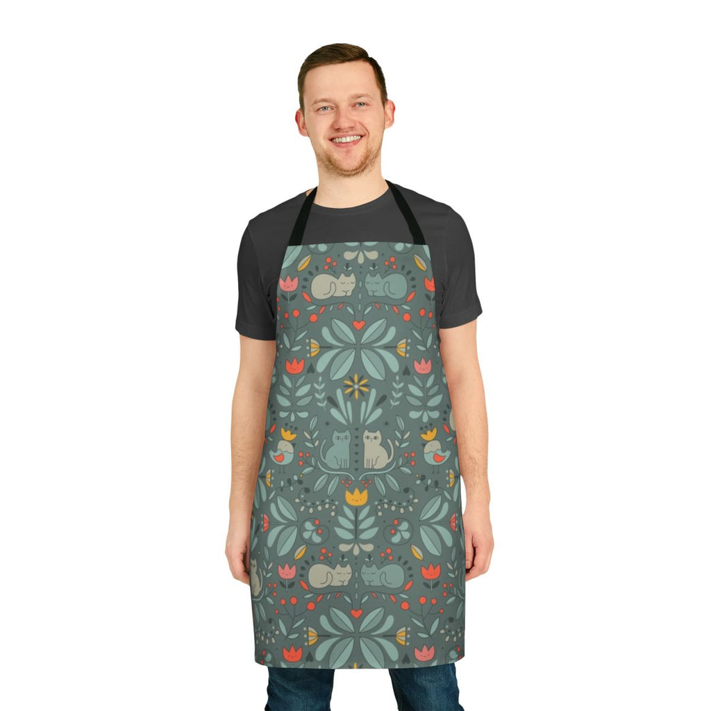 Colorful and unique Swedish folk-style apron featuring adorable cartoon cats, flowers, and other Scandinavian design elements.