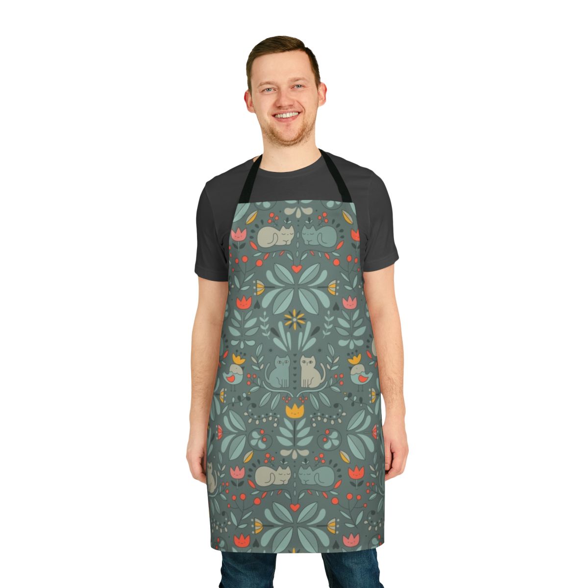 Colorful and unique Swedish folk-style apron featuring adorable cartoon cats, flowers, and other Scandinavian design elements.