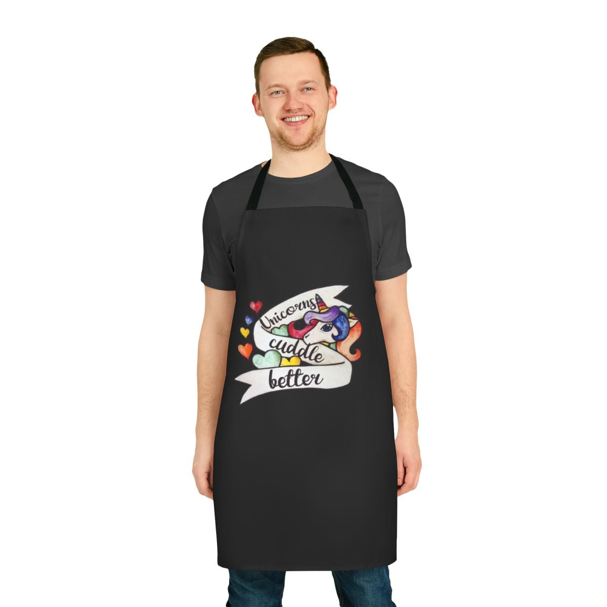 A stylish apron featuring a whimsical unicorn design, perfect for unicorn lovers.