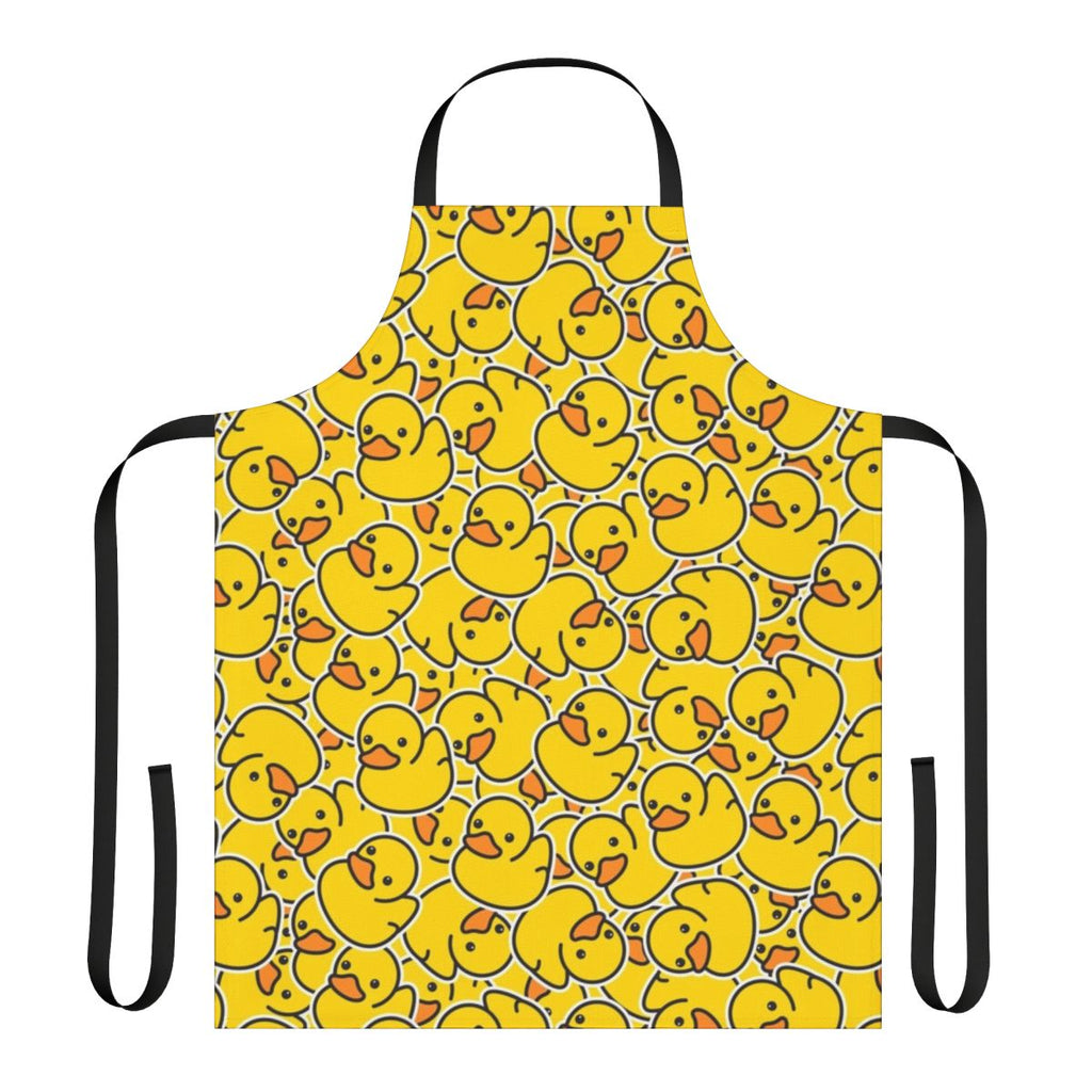 A bright yellow apron featuring a cheerful rubber duck design