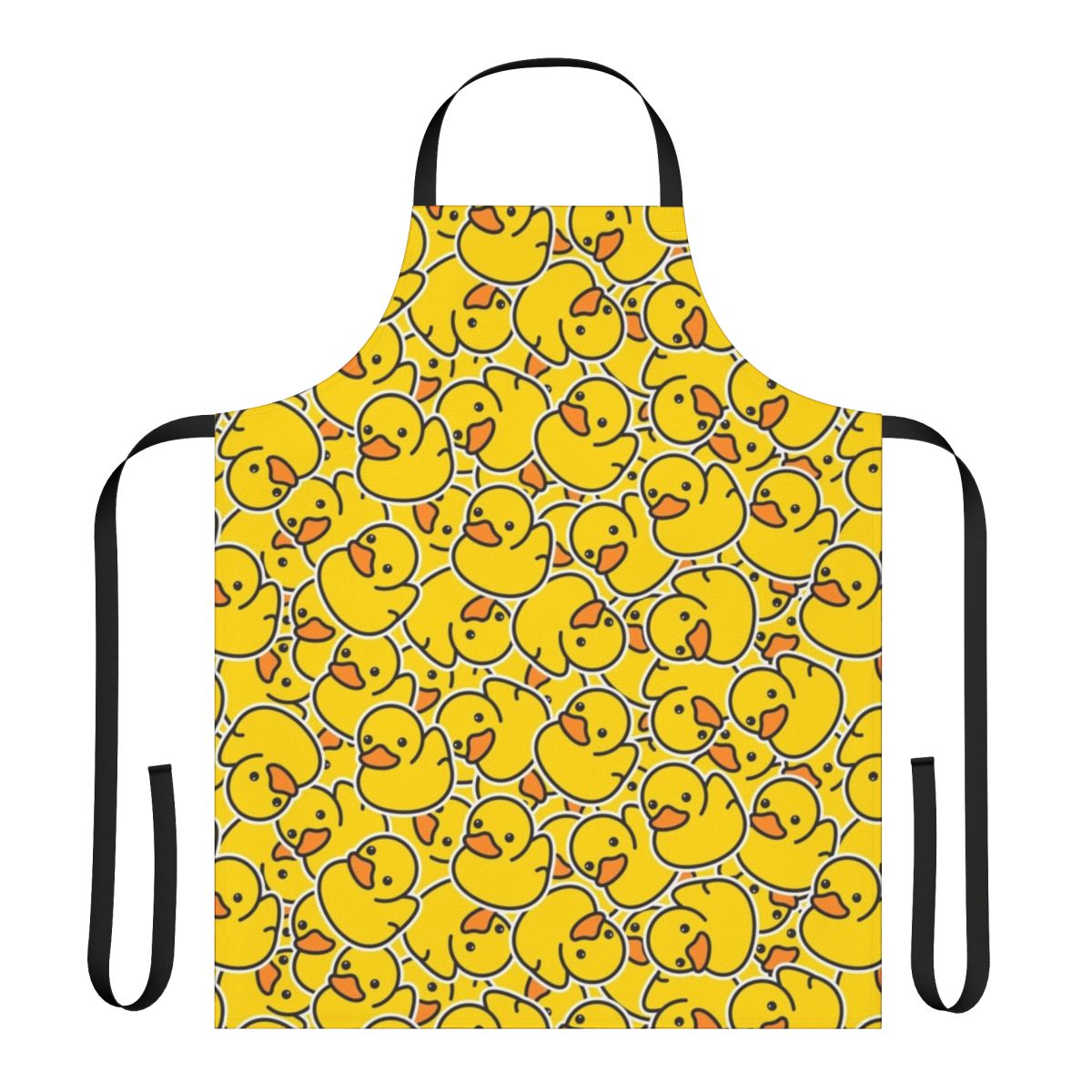 A bright yellow apron featuring a cheerful rubber duck design