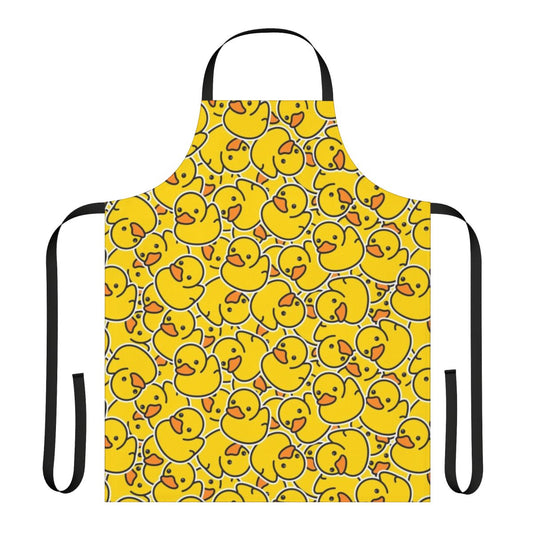 A bright yellow apron featuring a cheerful rubber duck design