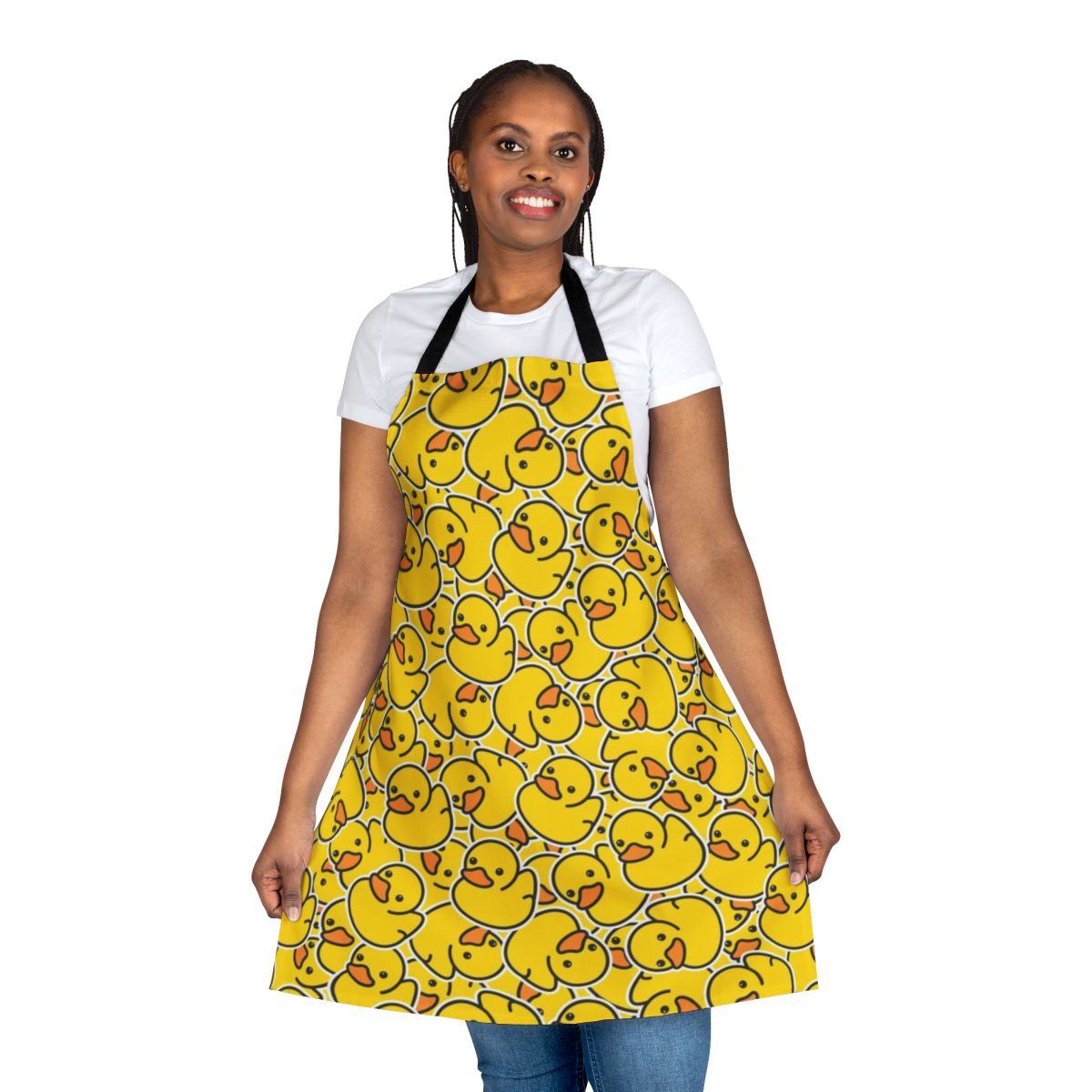 A bright yellow apron featuring a cheerful rubber duck design