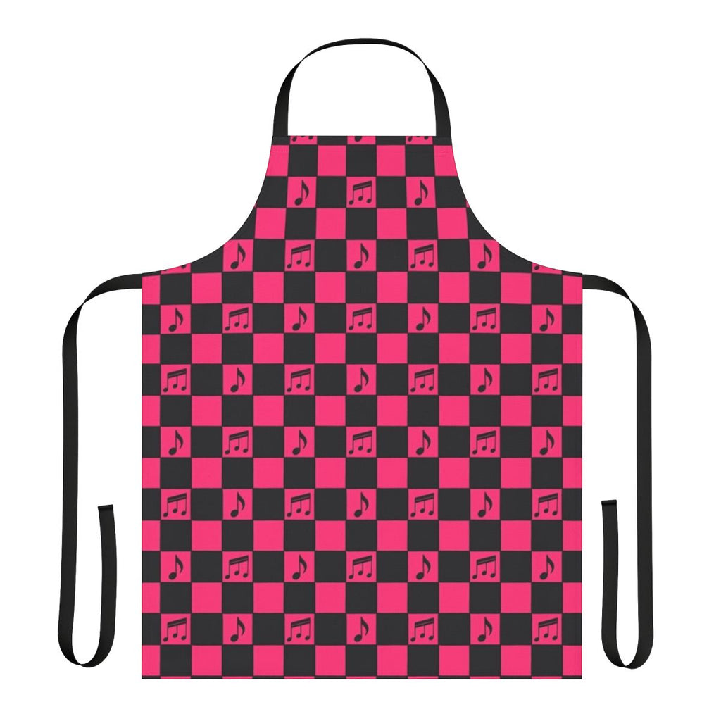 Checkerboard pattern apron with music notes and punk-inspired design