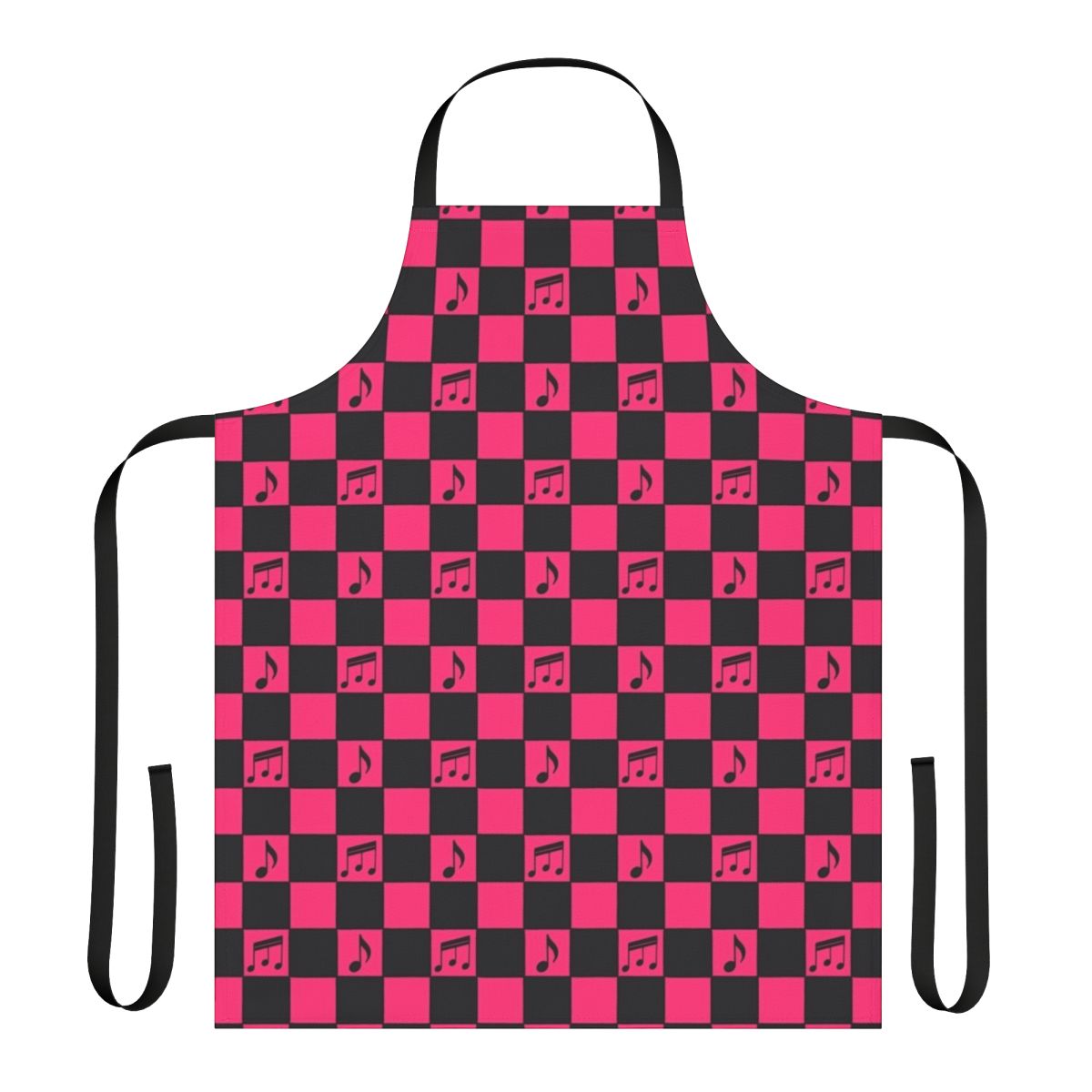Checkerboard pattern apron with music notes and punk-inspired design