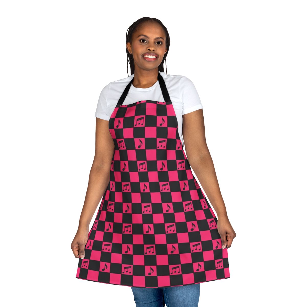 Checkerboard pattern apron with music notes and punk-inspired design