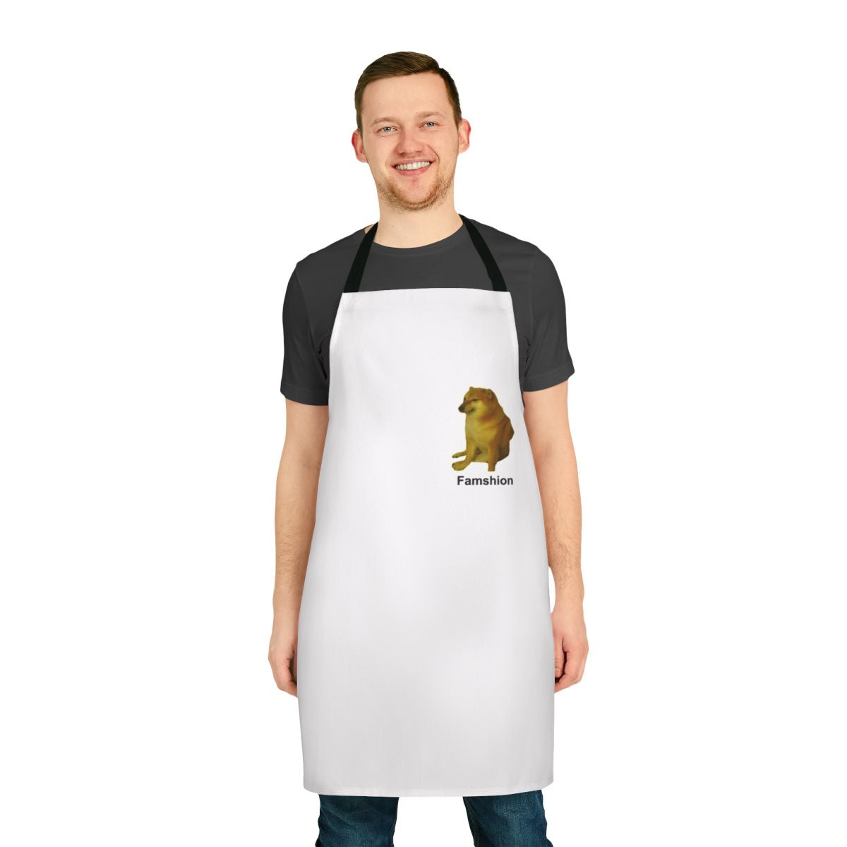 Cheems-themed apron with the popular Shiba Inu meme dog