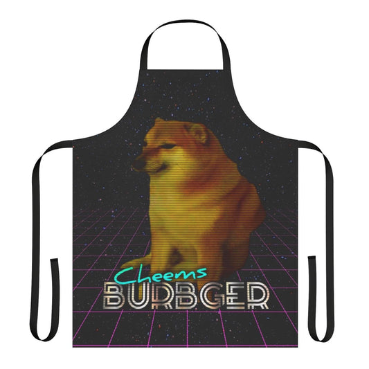 Cheemsburbger-inspired apron with doge, cheeseburger, and retro synthwave designs