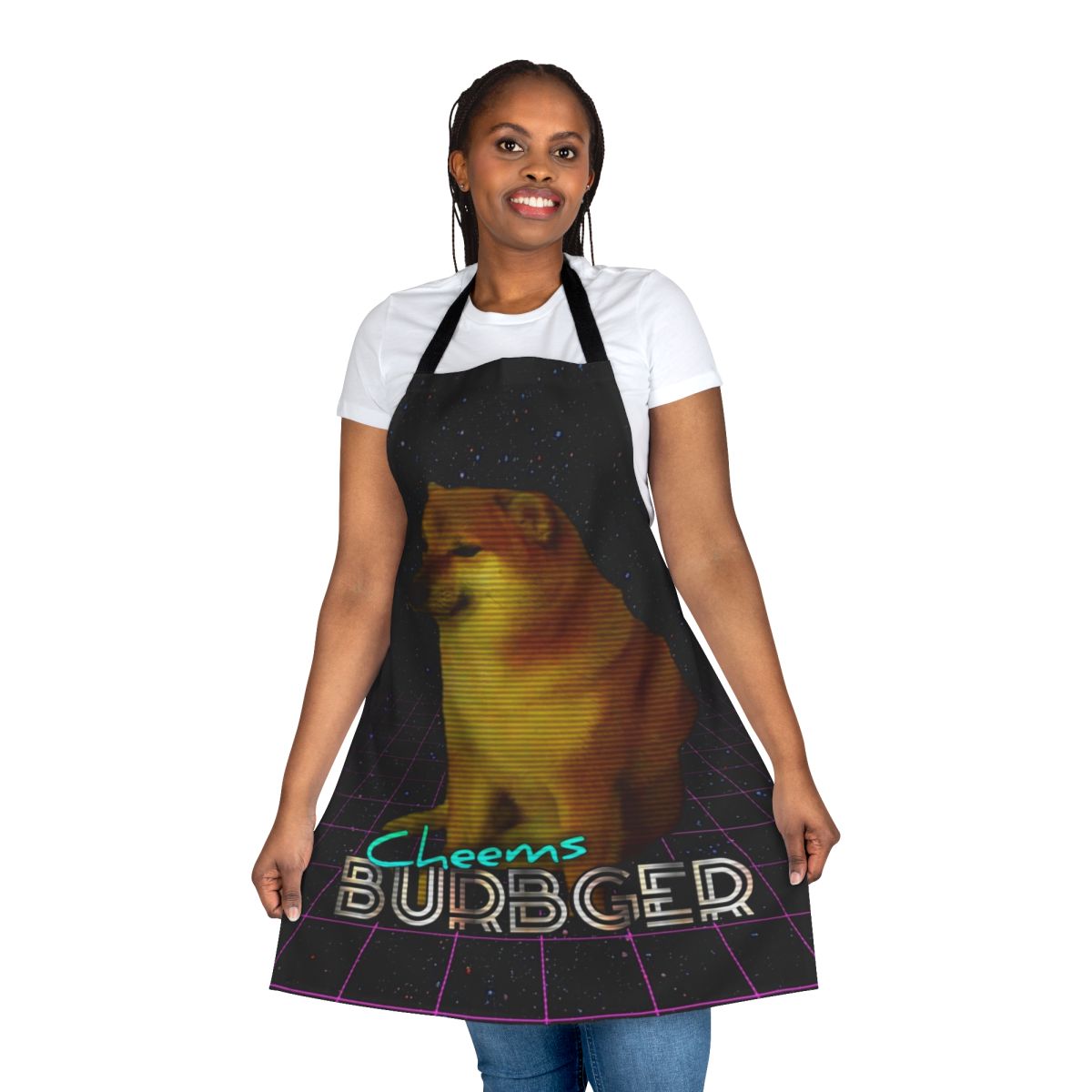 Cheemsburbger-inspired apron with doge, cheeseburger, and retro synthwave designs