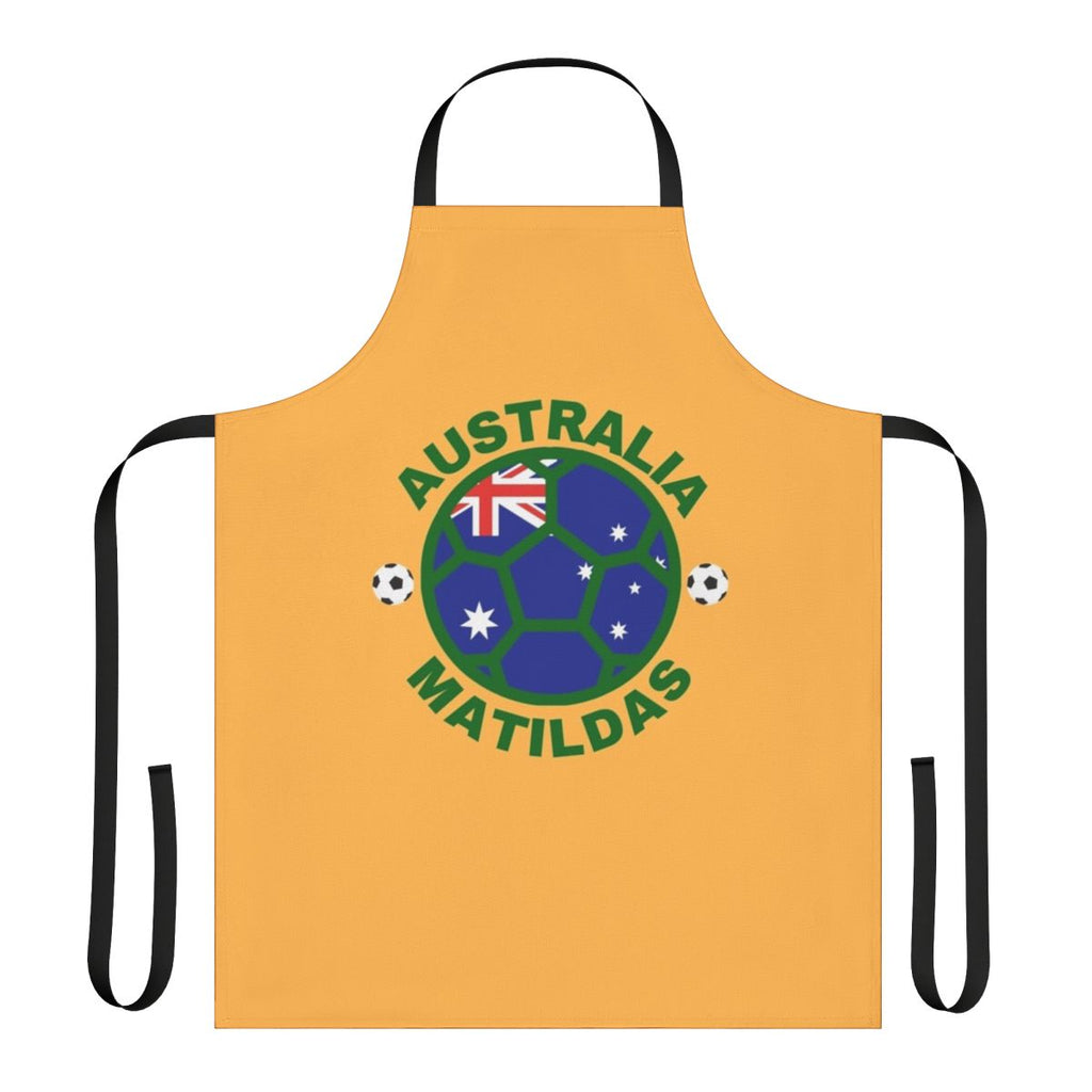 Green and yellow apron featuring the Matildas logo and Australia's national colors