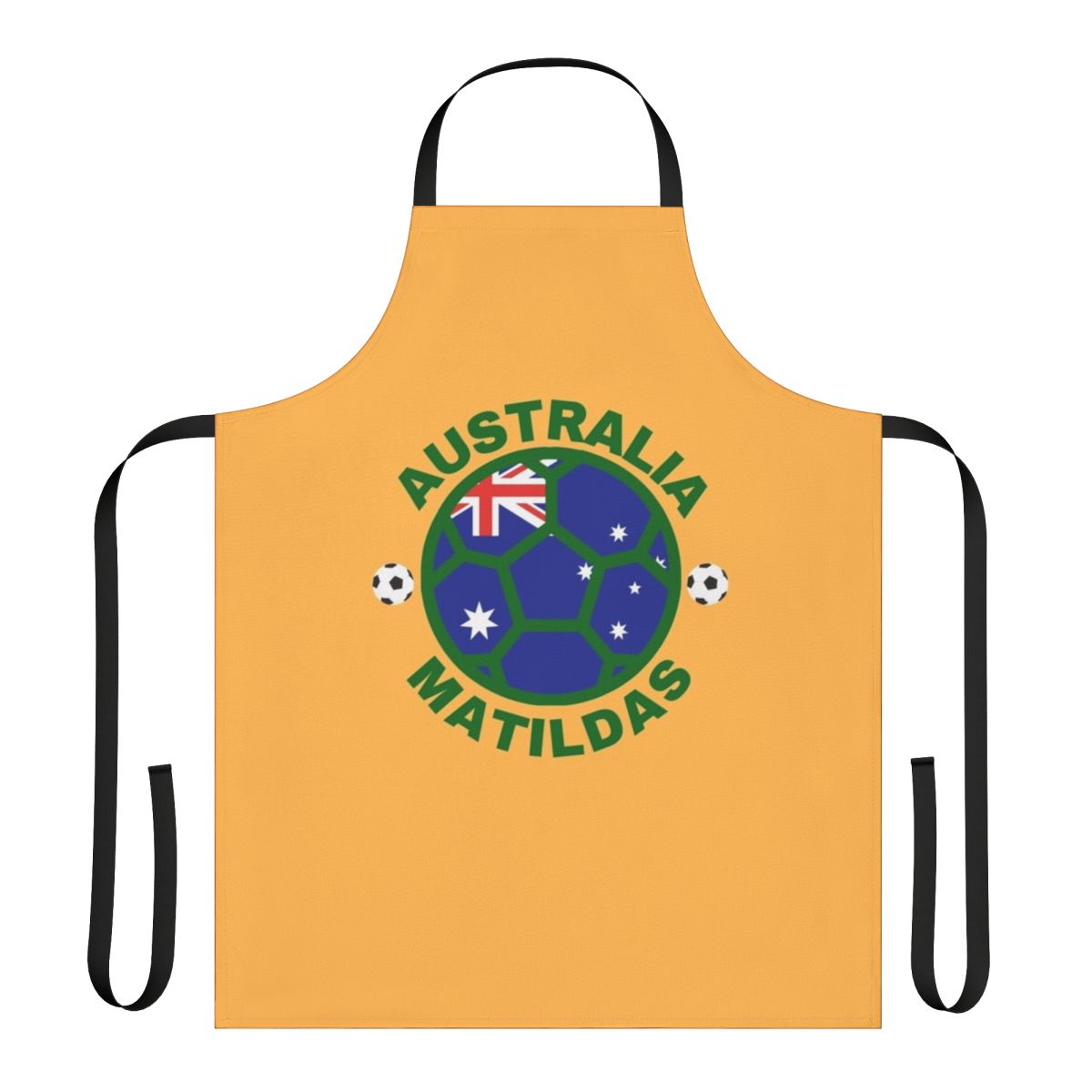 Green and yellow apron featuring the Matildas logo and Australia's national colors
