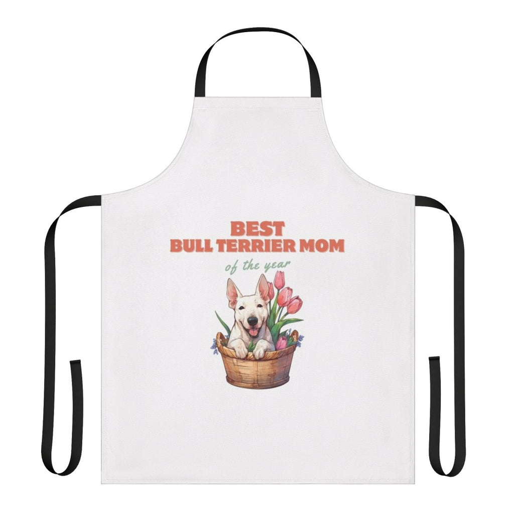 Vibrant apron featuring a colorful portrait of a bull terrier dog, perfect for the dog mom