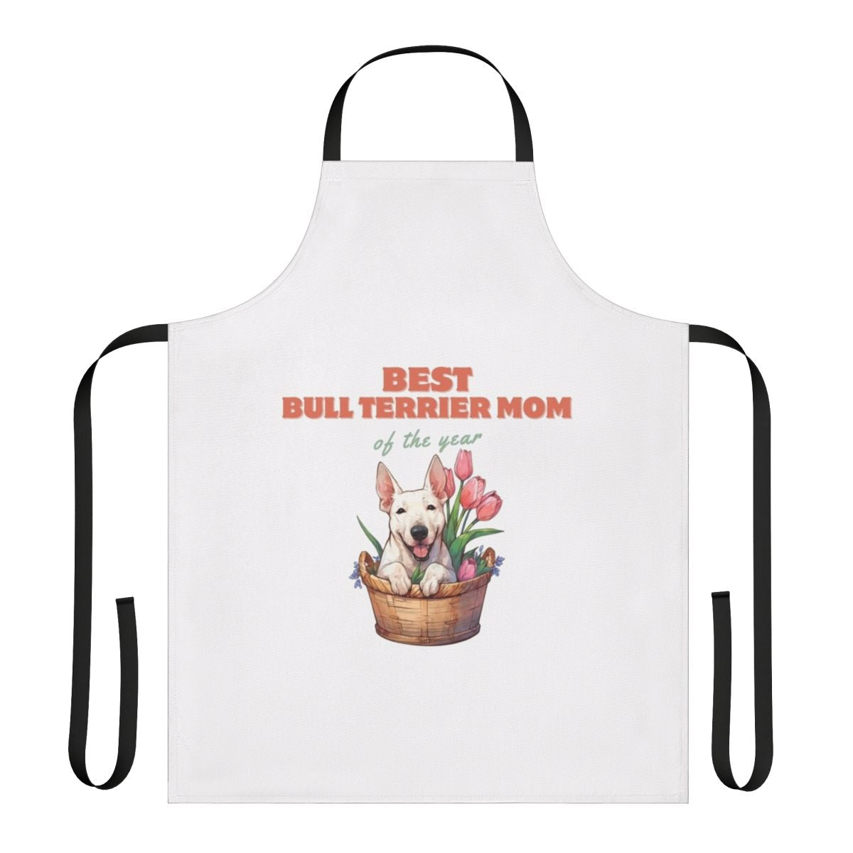 Vibrant apron featuring a colorful portrait of a bull terrier dog, perfect for the dog mom