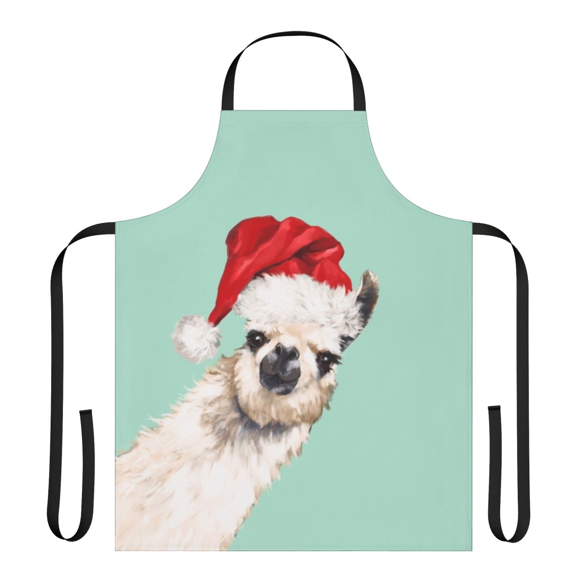 Illustration of a cheerful llama wearing a green apron against a white background