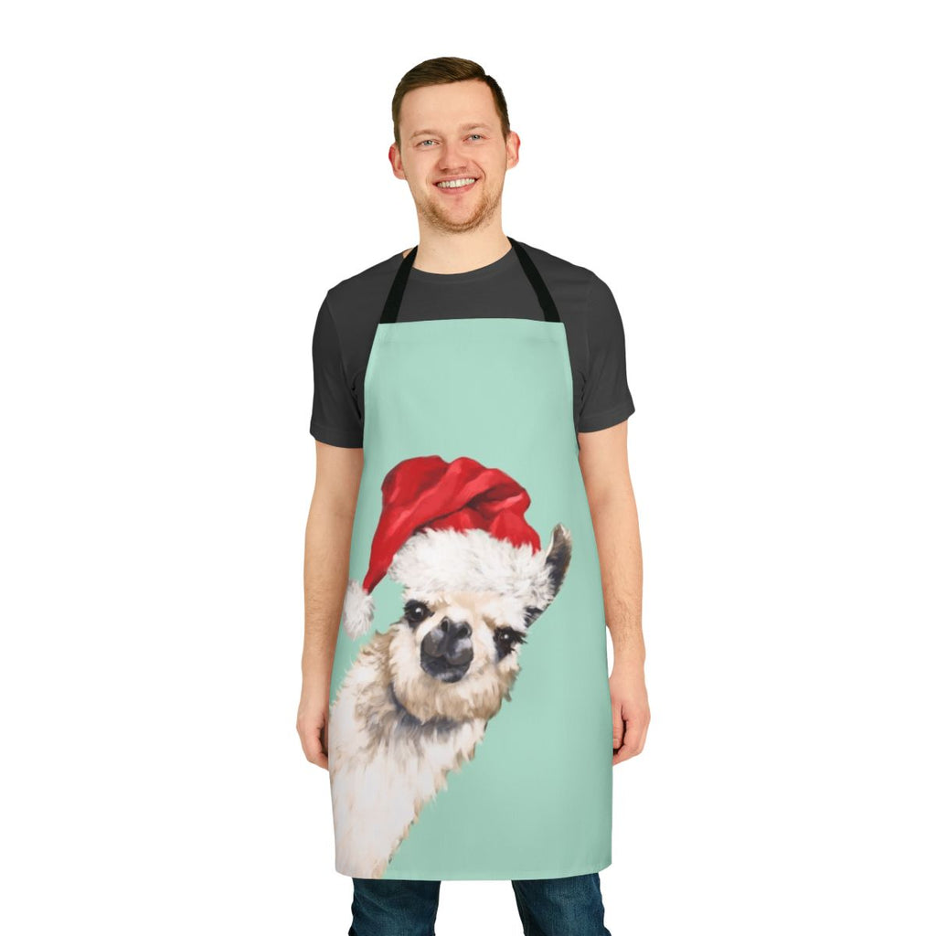 Illustration of a cheerful llama wearing a green apron against a white background
