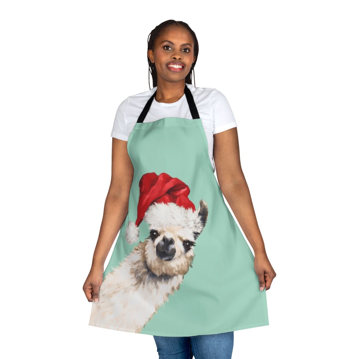 Illustration of a cheerful llama wearing a green apron against a white background
