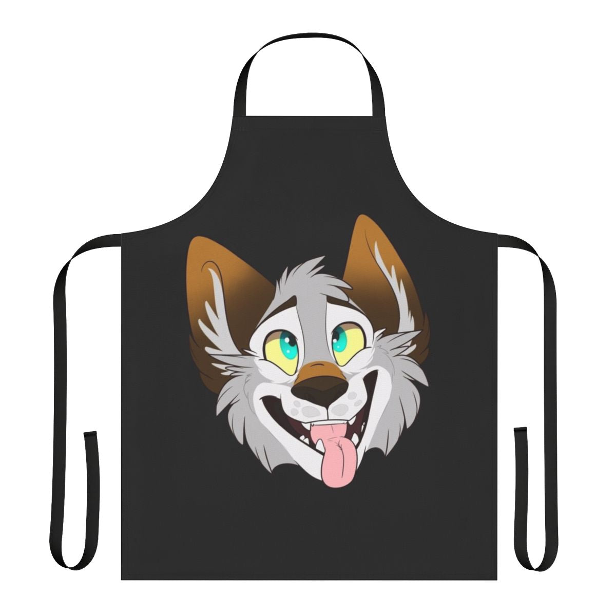 A happy, smiling wolf-themed apron with a cartoon, toony design.