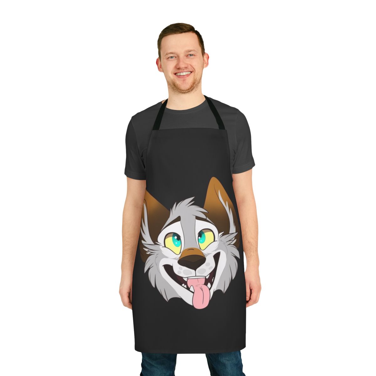 A happy, smiling wolf-themed apron with a cartoon, toony design.