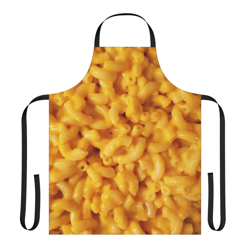 A soft, comfortable apron featuring a vibrant mac and cheese design, perfect for cooking and serving up delicious comfort food.