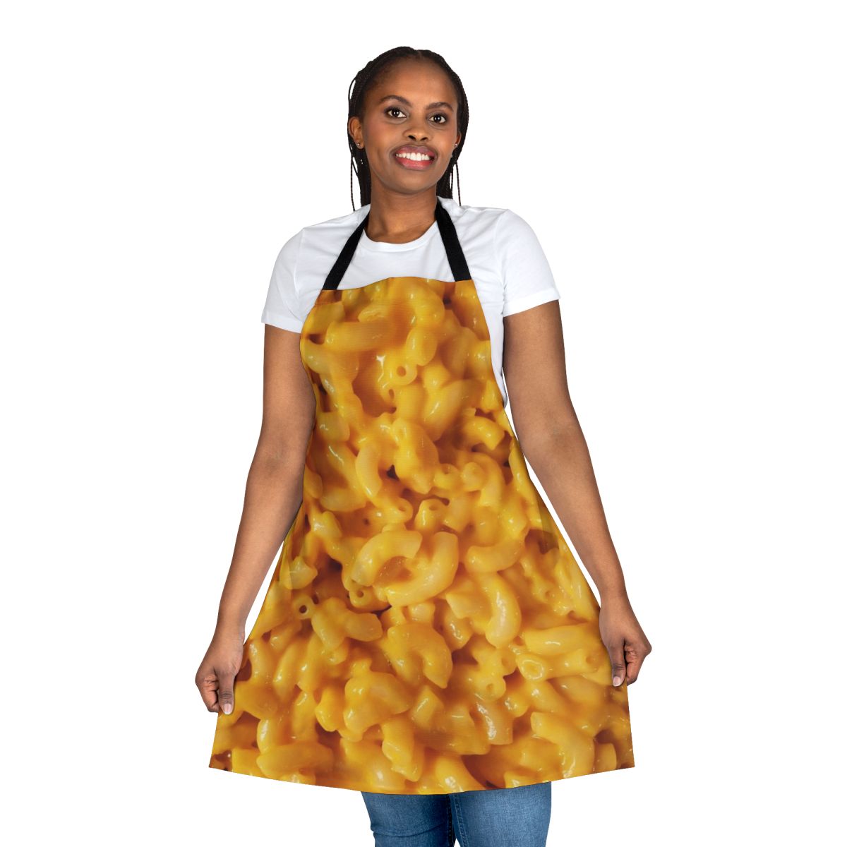 A soft, comfortable apron featuring a vibrant mac and cheese design, perfect for cooking and serving up delicious comfort food.