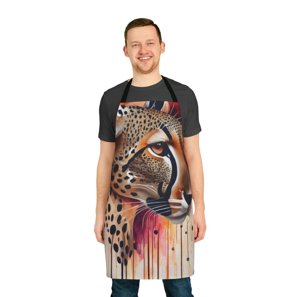 A durable and stylish cheetah print apron for cooking and baking