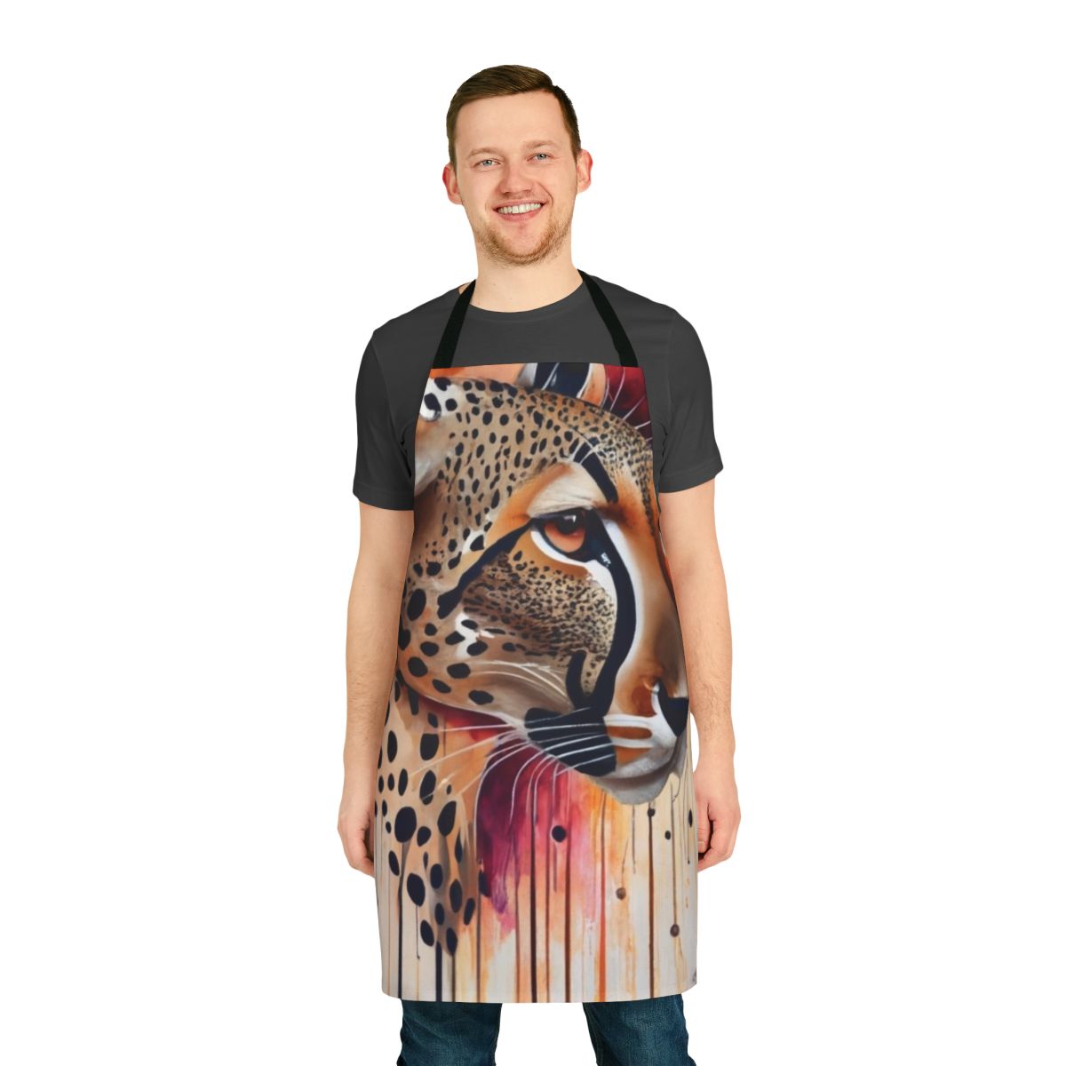A durable and stylish cheetah print apron for cooking and baking