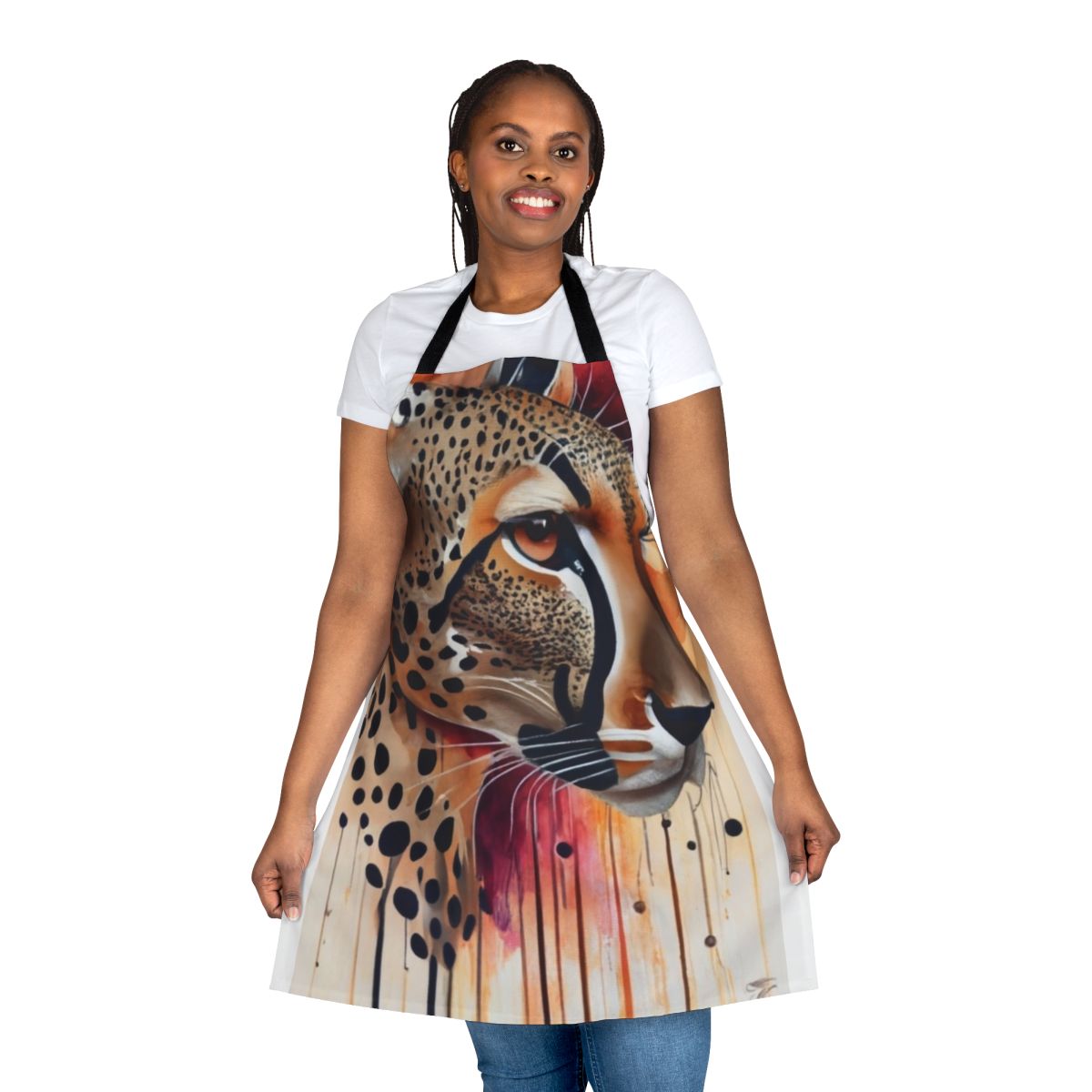 A durable and stylish cheetah print apron for cooking and baking