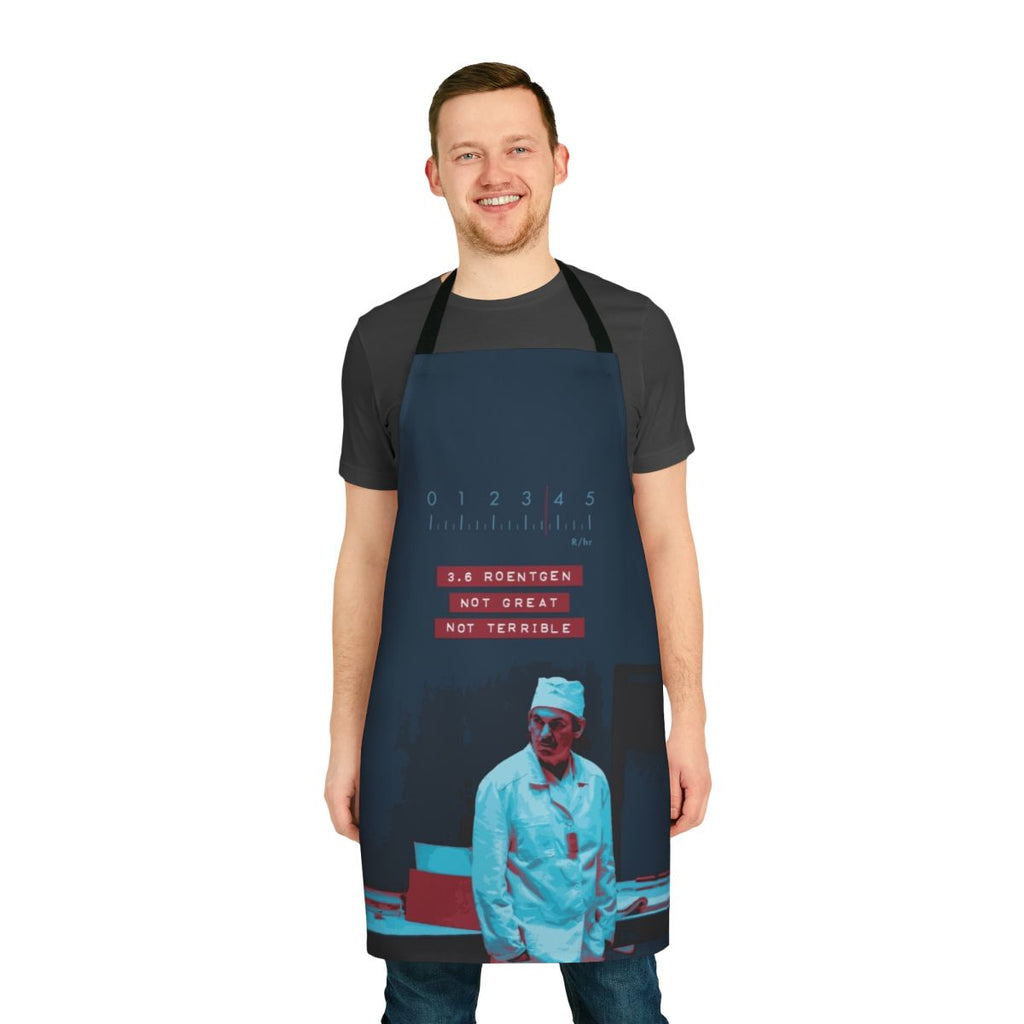 Chernobyl-inspired apron featuring "3.6 Roentgen, Not Great, Not Terrible" design