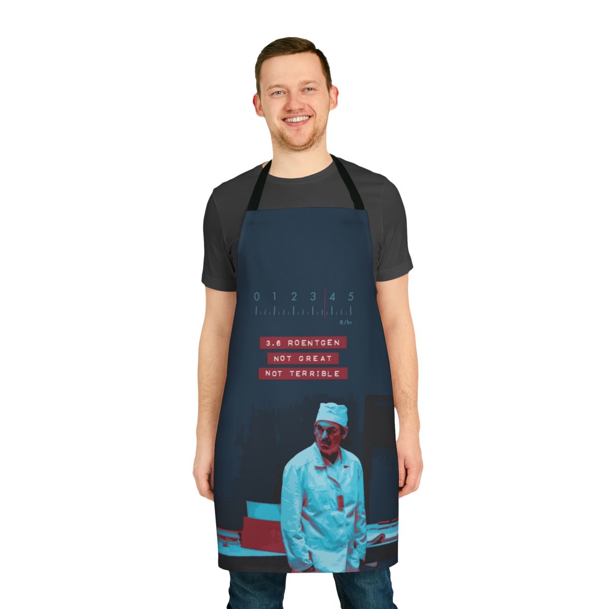 Chernobyl-inspired apron featuring "3.6 Roentgen, Not Great, Not Terrible" design